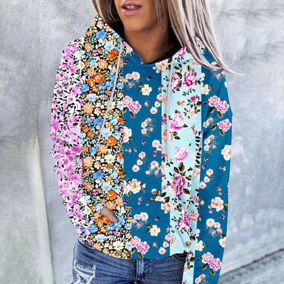Jinhomg Trendy Fall Sweatshirt for Women Cute Boho Floral Printed Hoodies Casual Comfy Long Sleeve Crewneck Lounge Tops with Kangaroo Pocket Blue M