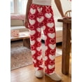 thumbnail image 4 of Pantalones de mujer para el Día de San Valentín, con estampado romántico de corazones, cintura elástica con cordón ajustable, pernera ancha y corte holgado, estilo casual para uso diario., 4 of 9
