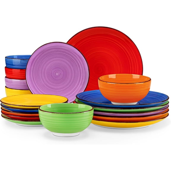 Dinnerware Set Blue Stoneware 18 Pieces Service for 6, Handpainted Spirals Pattern Stoneware Plates and Bowls Set