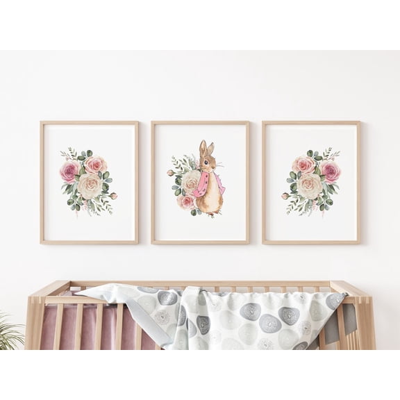 Luvia Nursery Prints Girl, Peter Rabbit, Girl Nursery, Nursery Decor Girl, Baby Girl Nursery, Nursery Floral Prints Bunny, Modern Wall Decor Set 3 Prints 8x12 UNFRAMED