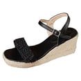 thumbnail image 5 of Rokment Sparkly Rhinestones Platform Wedge Dressy Sandals for Women Bride Wedding Beach Summer Casual Lace Open Toe Espadrilles Chunky High Heels Bridal Dress Sandal Black Size 6, 5 of 6