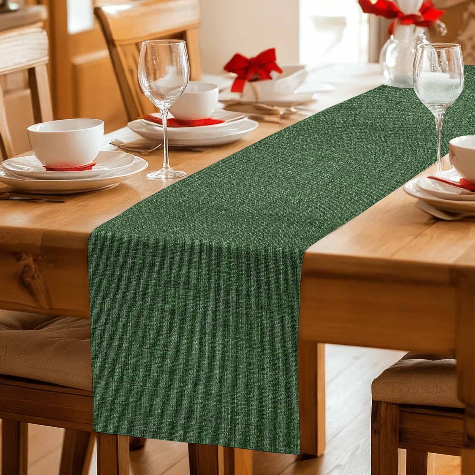 Dark Green Burlap Texture Table Runner, Farmhouse Vintage Green Washable Cotton Linen Table Runners 72 Inches Long, Dresser Scarf Runner for Dining/Coffee/Kitchen/TV Stands/Cabinets 13''x72''