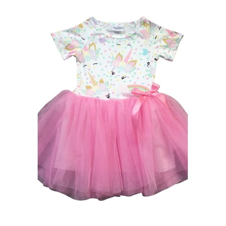 - Little Girl Dress Kids Cap Sleeve Unicorn Mesh Summer Flower Girl Dress Pink 2T XS (201422)