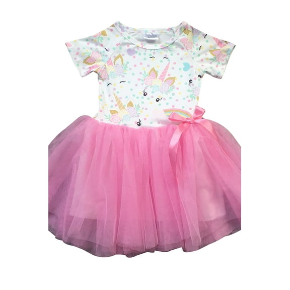 Little Girl Dress Kids Cap Sleeve Unicorn Mesh Summer Flower Girl Dress Pink 2T XS (201422)