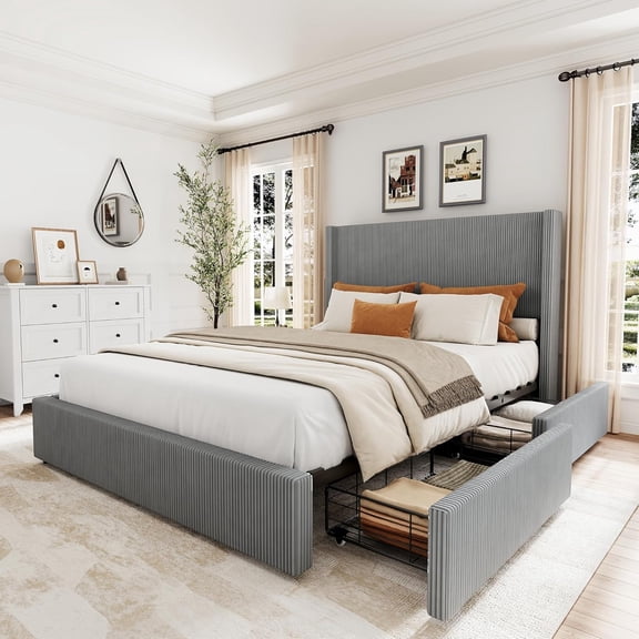 Queen Size Upholstered Platform Bed Frame with Storage Drawers, Corduroy Wingback with Tufted Headboard and Footboard, No Box Spring Needed, Grey