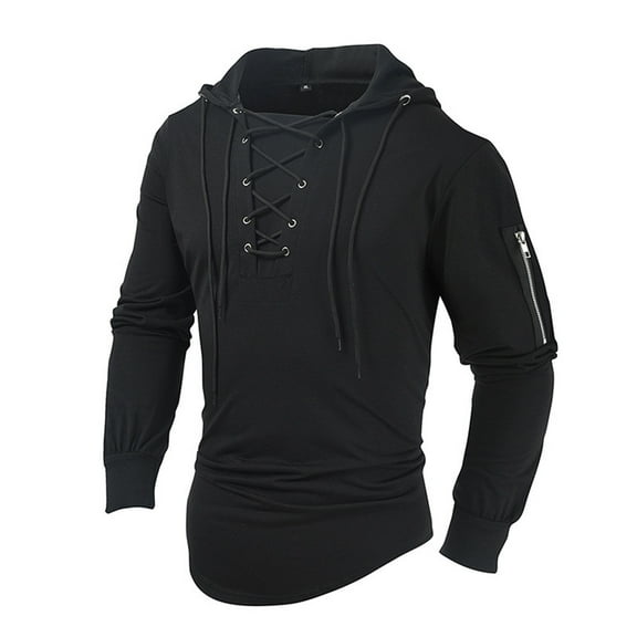 Afdoent Mens Hoodies Pullover Mens Spring And Autumn Fashion Casual Solid Color Lace Up Hooded Long Sleeve Sweatshirt Retro Streetwear