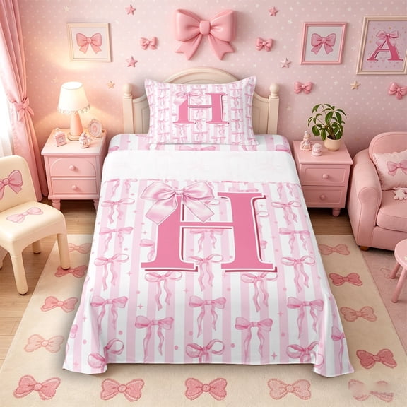 Meiyoeat Girly Bow Letter H Twin Sheet Sets 3pcs for Girls Adults, Cute Stripe Bedding for Decor, Light Pink White