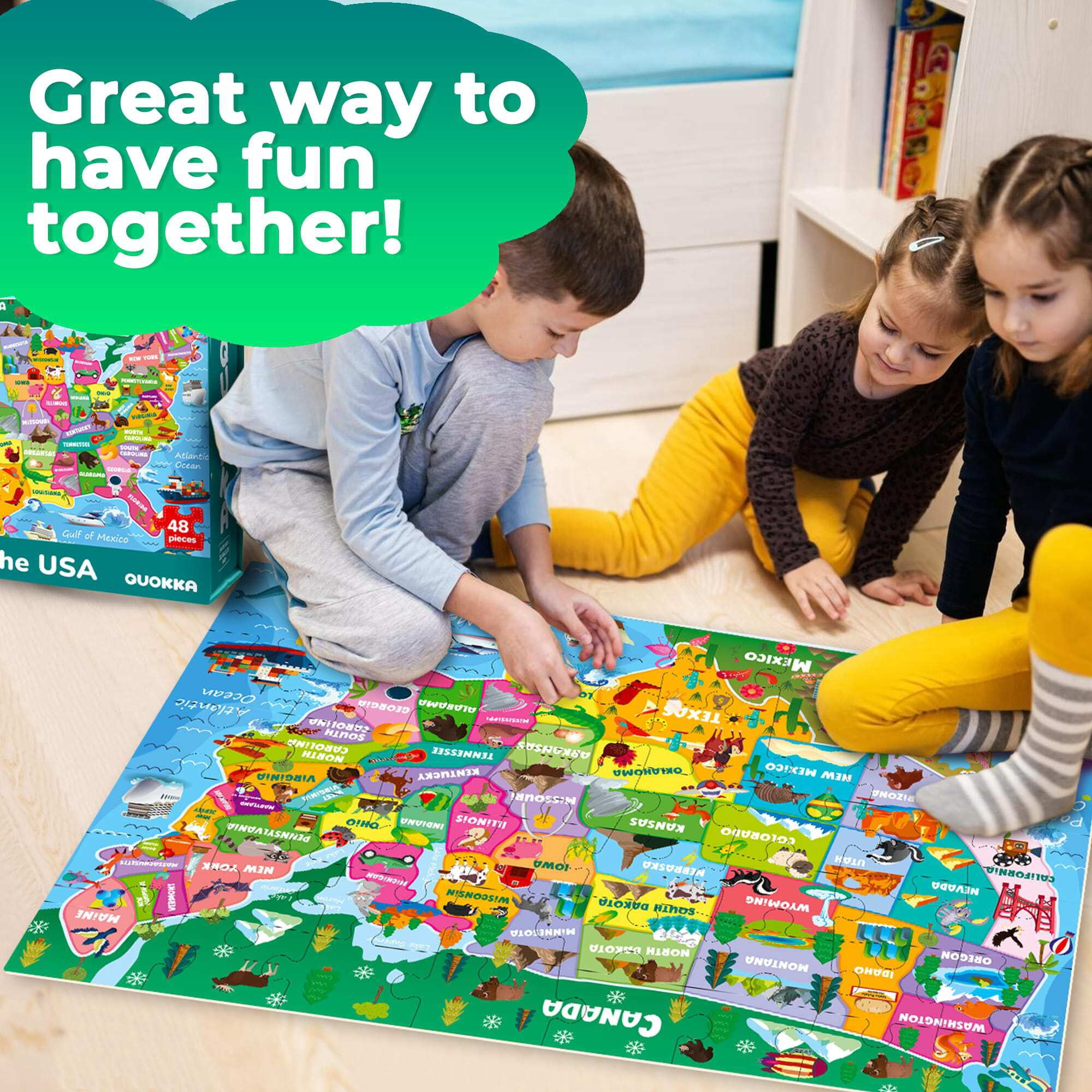 Quokka Floor Puzzle for Kids Ages 4-6 - Toddler Puzzle Ages 3-5 - USA Map Educational Activity for Boys Girls