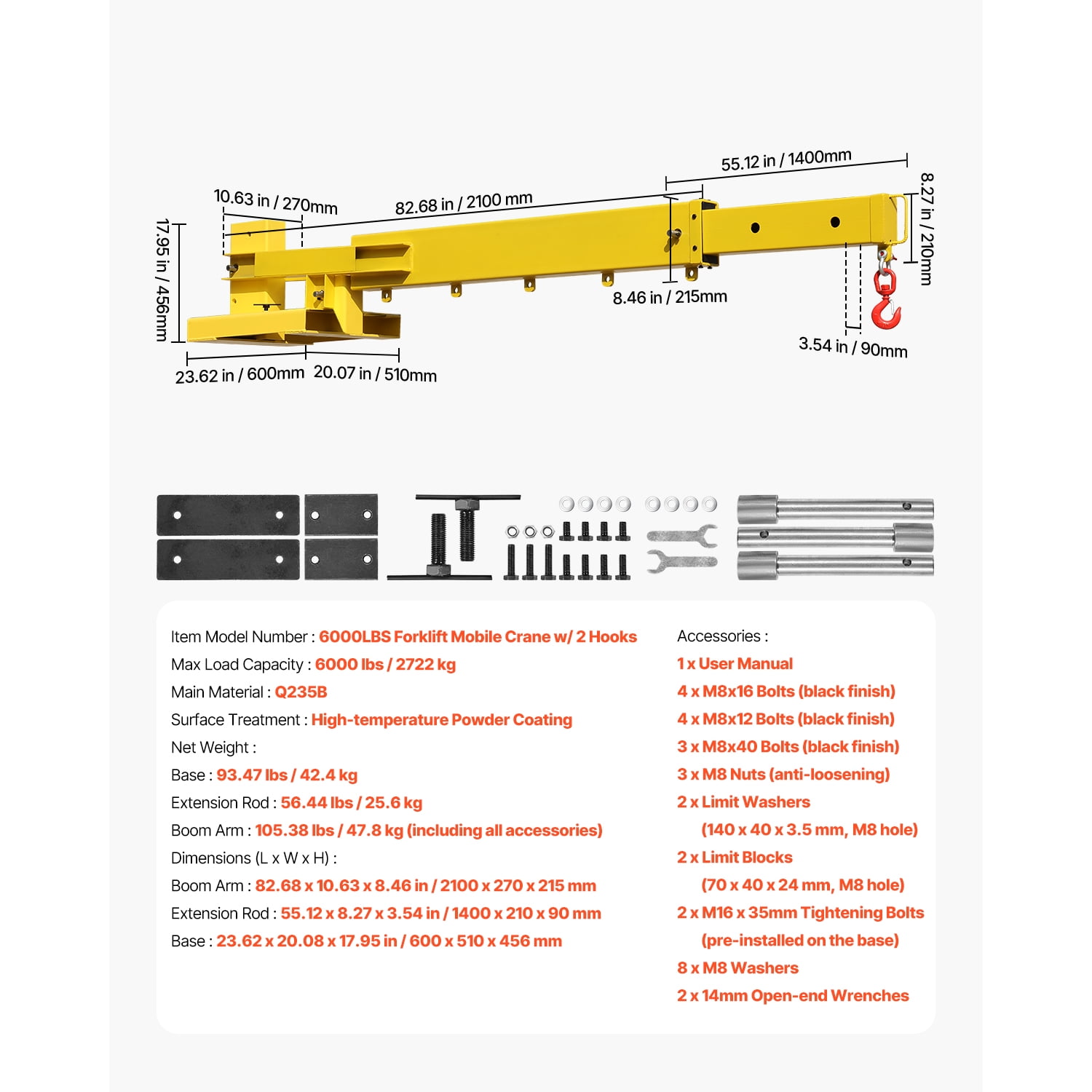 KFFKFF Mobile Forklift Crane, Load Limit of 6000lbs, Manually Adjustable Boom Reaches 56.1 inches, Equipped with Dual Hooks, Versatile Forklift Crane Extension for Warehouses