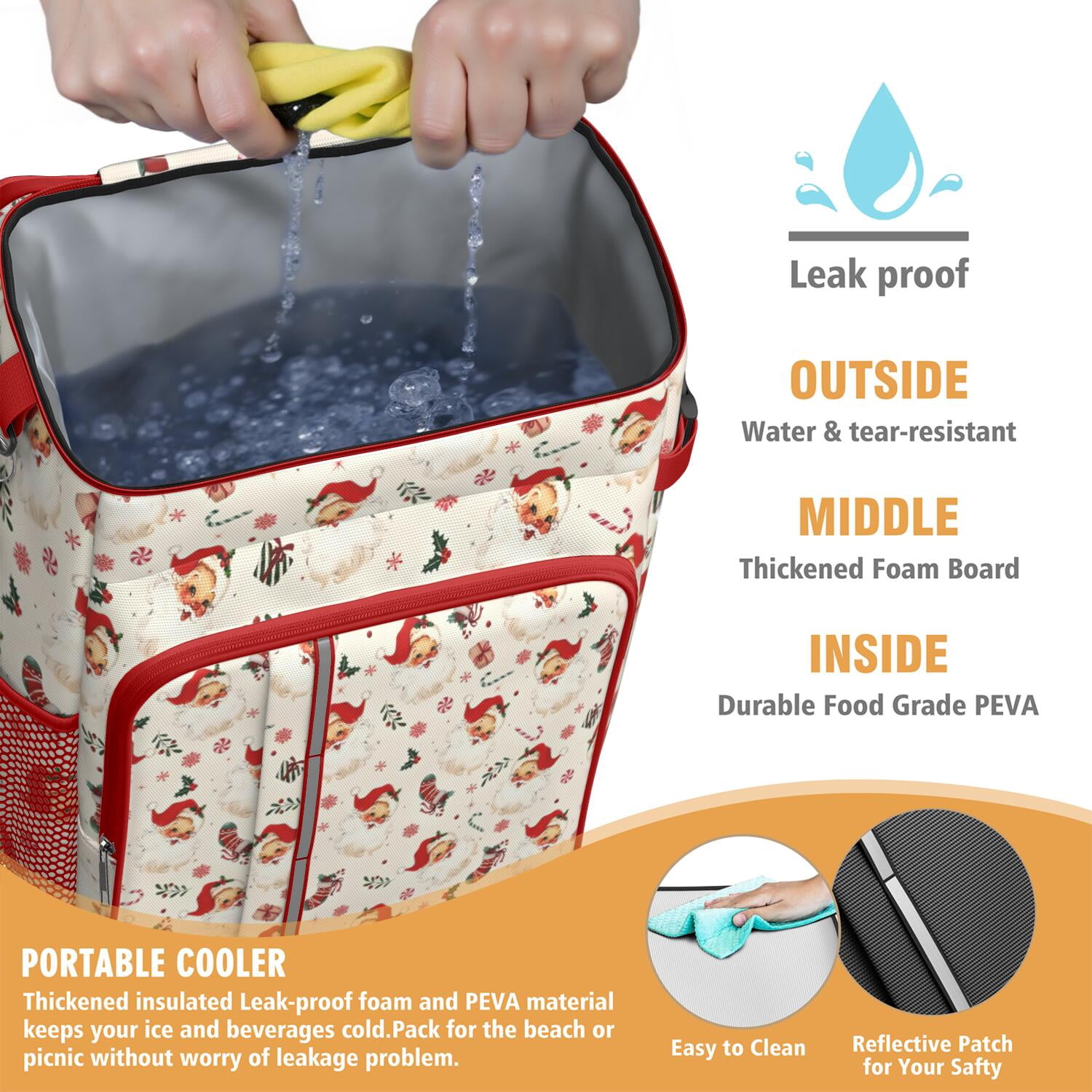 Travel Cooler Bag - Beige Christmas Santa Pattern Camping Beer Cooler Backpack with Bottle Opener- Waterproof Insulated Picnic Backpacks - Cooler Bag for Beach