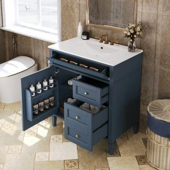 Taoruifang Blue 30'' Bathroom Vanity with Top Sink Modern Bathroom Storage Cabinet with 2 Drawers and a Tip-out Drawer