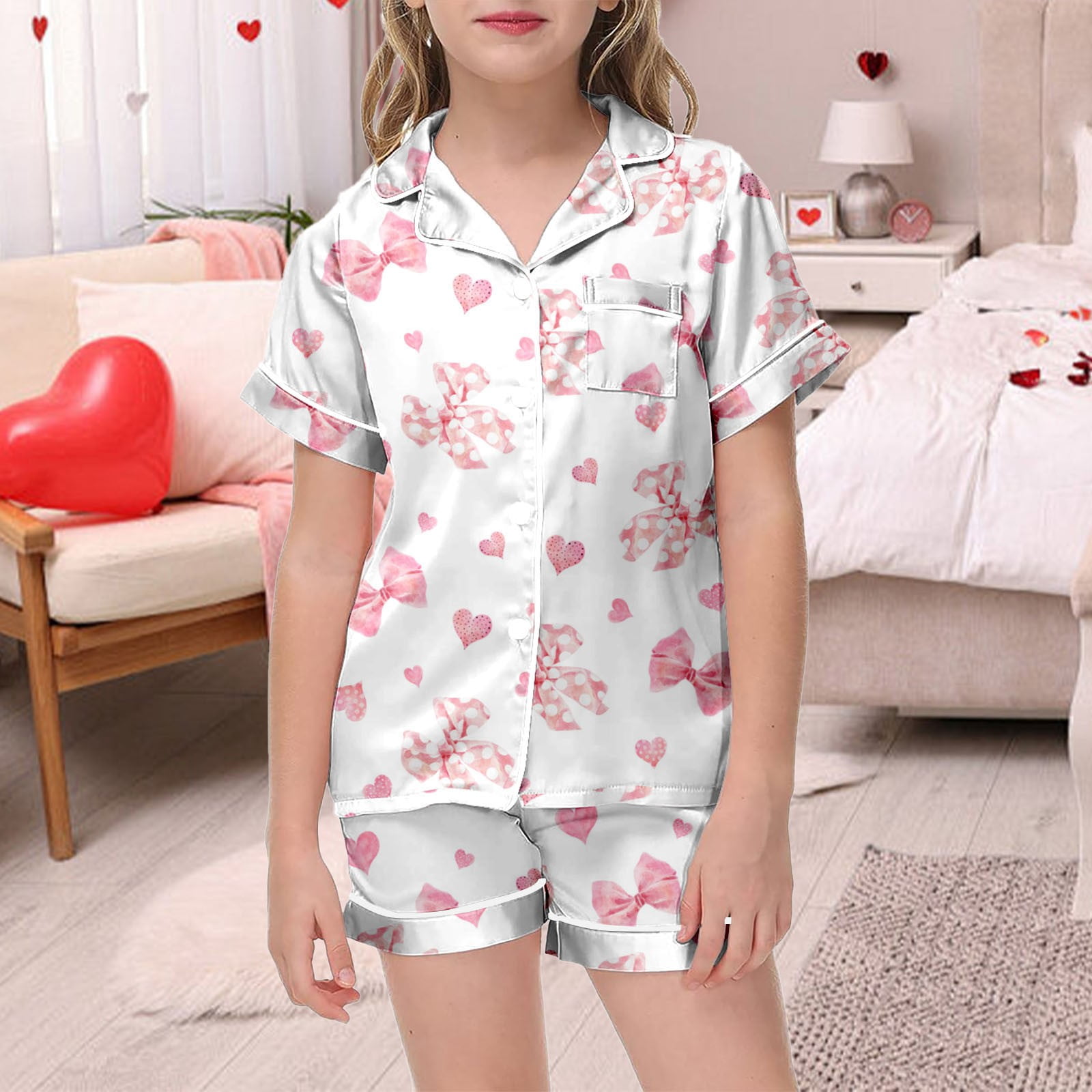 Pyjama Court Fille Imprimé Printemps - Manches Courtes - 100% Satin Doux - Pyjama Enfant Été / Noël Famille