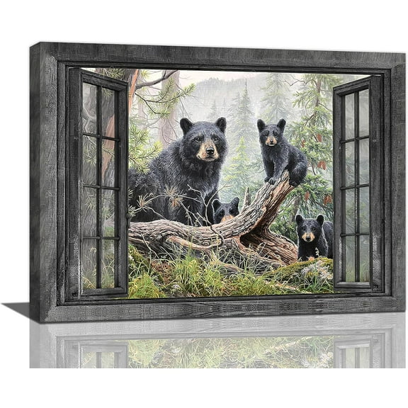 Black Bear Wall Art Window Animal Canvas Prints Forest Bears Pictures Painting Unframed Artwork Office Home Decor for Bathroom Bedroom Dining Living Room Kitchen
