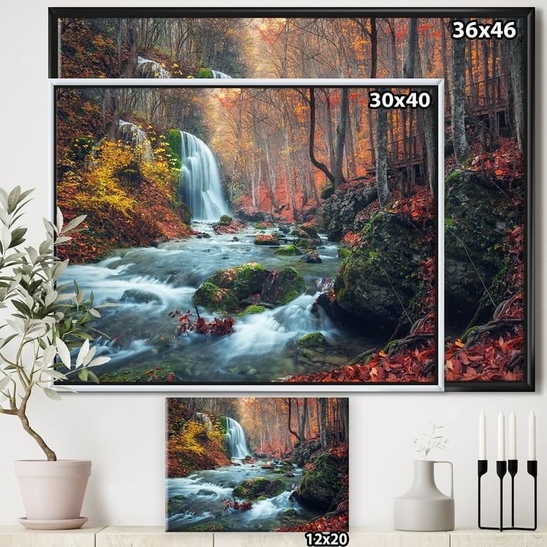 Designart ' Autumn Mountain Waterfall Long View ' Landscape