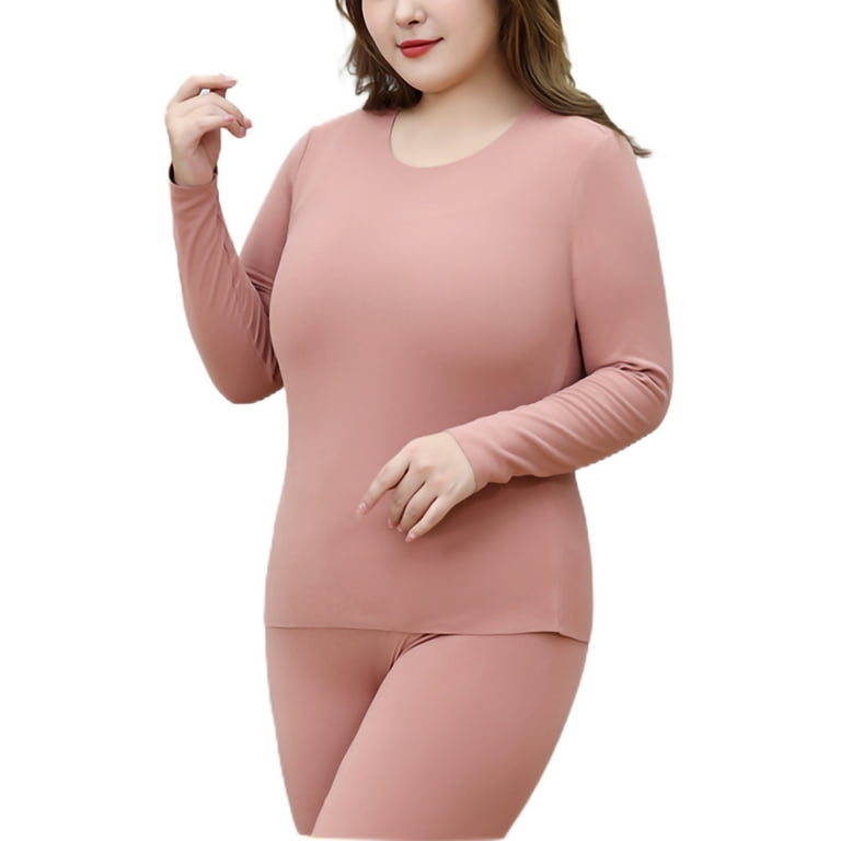 Jusddie Ladies Top And Bottom Suits 2 Pieces Warm Thermal Underwear Solid  Color Base Layer Long Johns Set Sleeve Winter Dark Pink 5XL