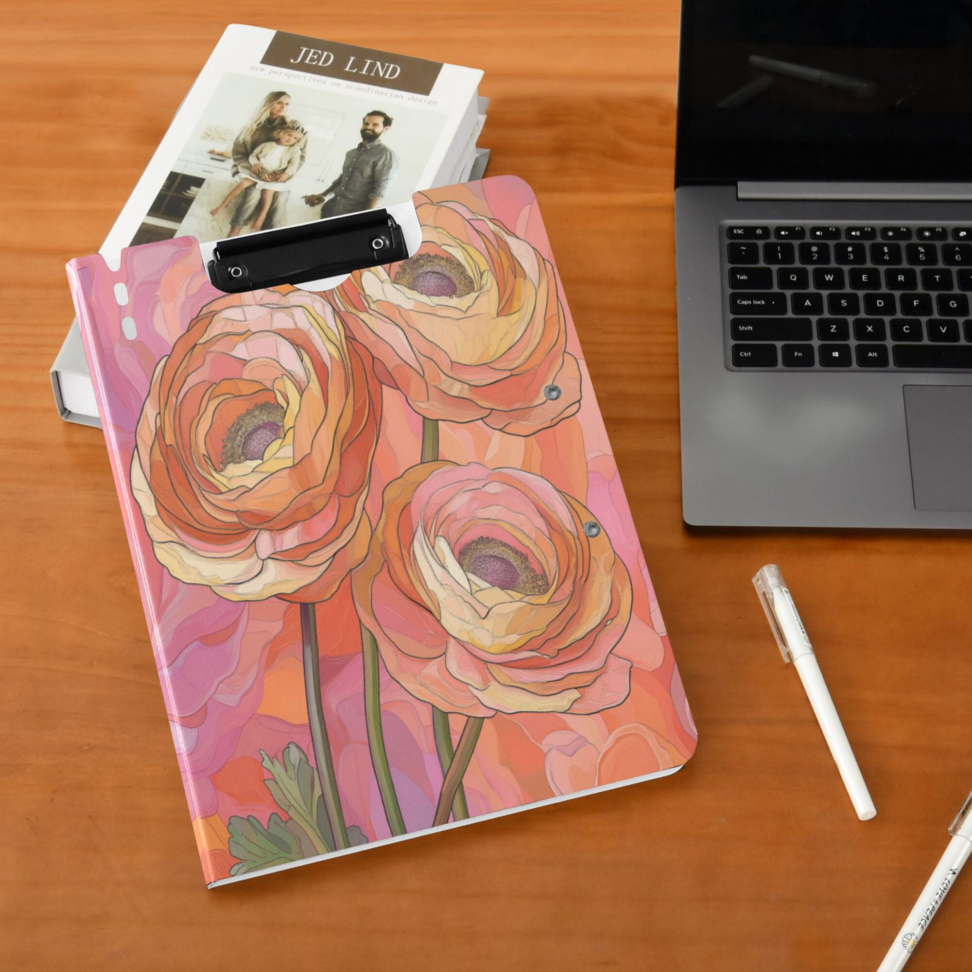 FORMRS A4 Clipboard Folder with Pen Holder Horizontal Foldable School Office Binder, Abstract Pink Flowers