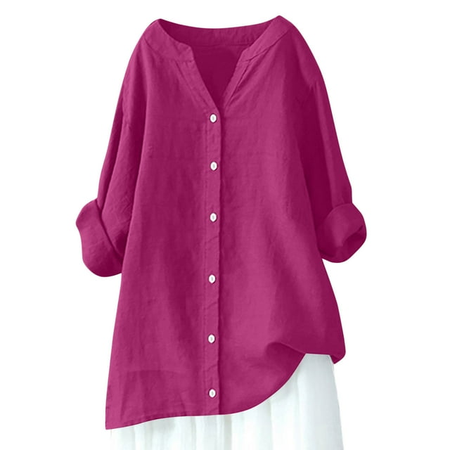 hotojiny Womens Button down Shirts Cotton Linen Long Sleeve Oversized Tee Plus Size V Neck Boyfriend Solid Tunic Tops