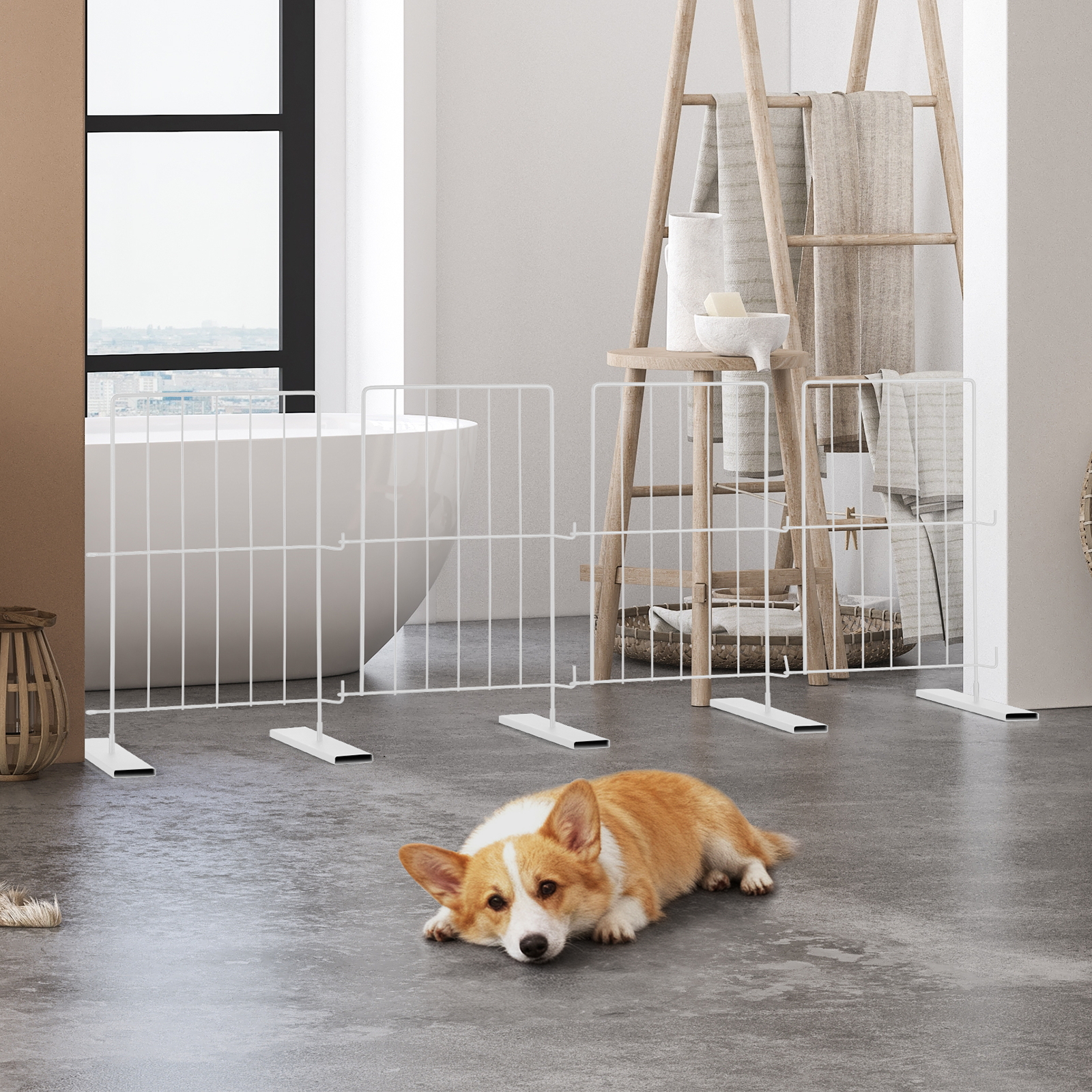 4 Panels Pet Gate for Puppies - Expandable Dog Fence Freestanding, Pet Barrier, Stable in Multiple Shapes, Easy Step Over Design for All Dog Sizes - White