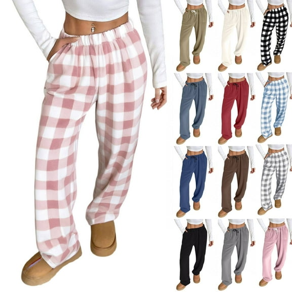Cyglowse Womens Plush Plaid Pajama Pants Cute Flannel Checkered Lounge Pants with Pockets Fall Winter Warm Pj Bottoms Light Blue Plaid 2XL