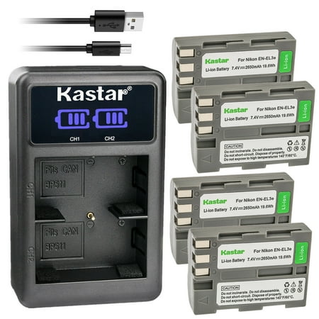 Image of Kastar 4-Pack EN-EL3E Battery and LED2 USB Charger Compatible with Nikon D100 D100SLR Nikon D200 Nikon D300 D300S Nikon D50 D50S Nikon D70 D70S Nikon D700 Nikon D80 Nikon D90 DSLR Camera