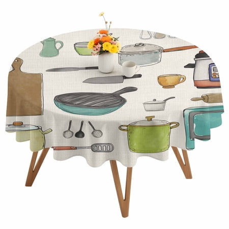 Vintage Kitchenware Round Tablecloth 54 inches Cooking Kitchen Pot Spatula Bowl Plate Waterproof Oil-Proof Table Cloth Round Table Cover for Holiday Party Picnic Dinner Decor Indoor and Outdoor Use
