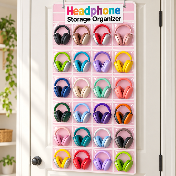 OZERA Classroom Headphone Storage Organizer with 24 Pockets, Pink PVC Over‑The‑Door Hanging Holder with 4 Hook Stickers for School and Library