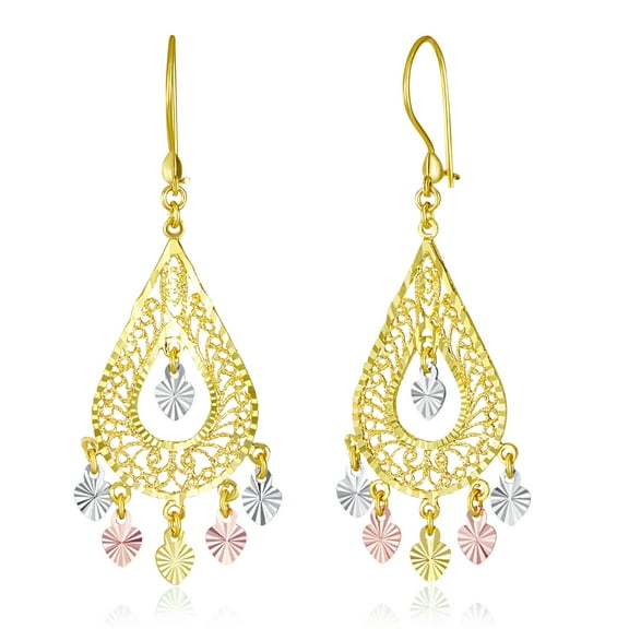 Wellingsale Ladies 14k Tri 3 Color Gold Polished Diamond Cut Fancy Chandelier Dangle Hanging Drop Earrings (17 X 41mm)