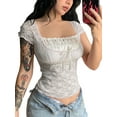 thumbnail image 2 of Women Y2K Lace Patchwork T Shirt Vintage Short Sleeve Square Neck Crop Top E Girl 90s Slim Fit Goth Fairy Tee Streetwear, 2 of 4
