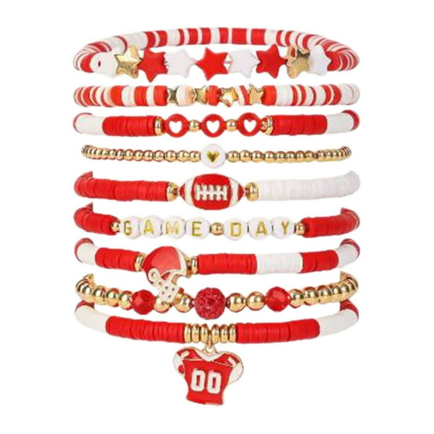 Pulsera de fútbol de la capa apilable pulsera de cristal Corazón Letra Amistad Estiramiento Pulsera Set (Nueve Cierre)