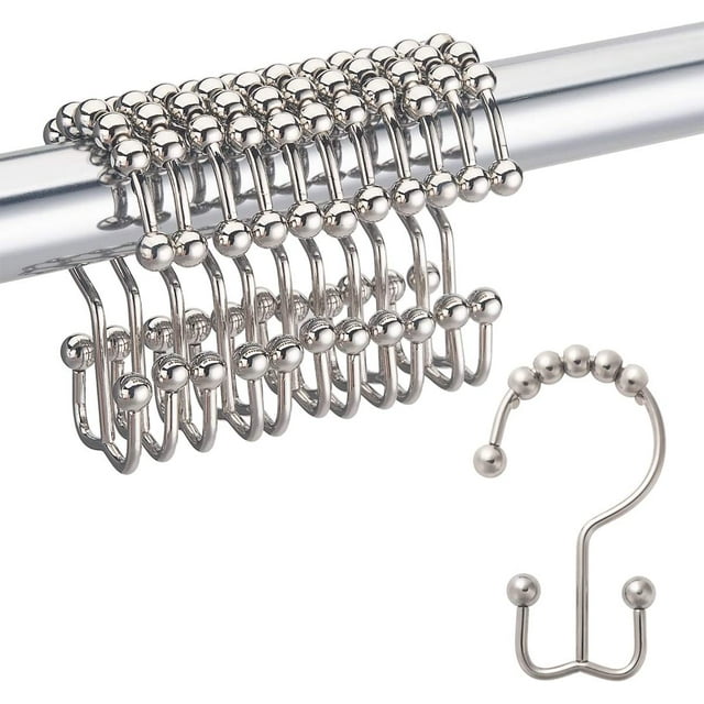 Shower Curtain Hooks Rust Resistant Shower Curtain Rings Metal Double Glide Rollers Shower Hooks For Bathroom Shower Curtain Rods Curtains, Set Of 12, Nickel