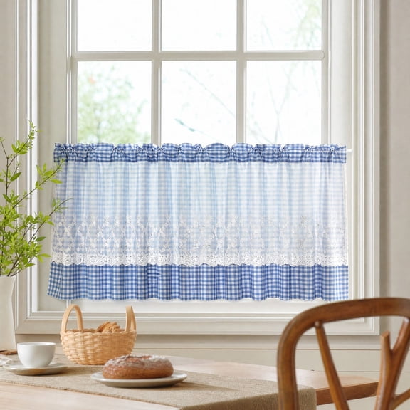 Blue and White Buffalo Check Plaid Window Valances Floral Lace Semi Sheer Kitchen Curtain Farmhouse Gingham Curtains Rod Pocket Valances for Living Room, 42"x18"