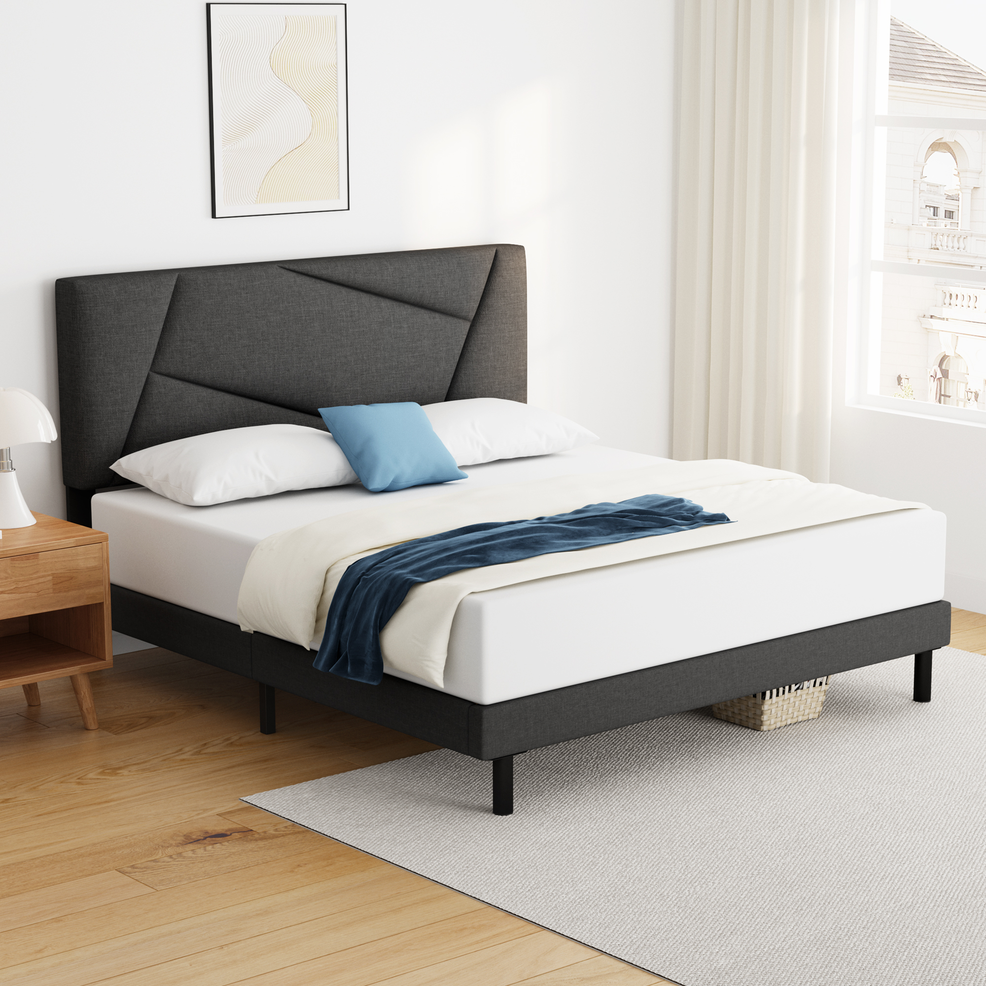 Queen Bed Frame, HAIIDE Queen Size Platform Bed Frame with Fabric Upholstered Headboard, Dark Grey - image 2 of 7