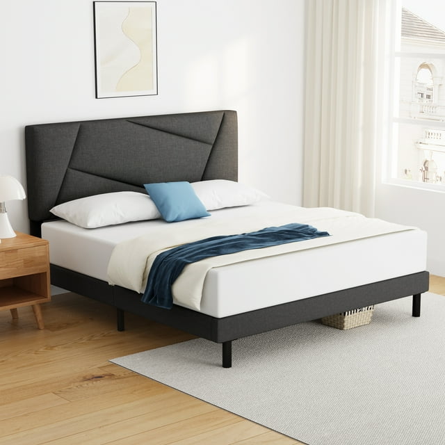 Queen Bed Frame,Telino Queen Size Platform Bed With Fabric Upholstered Headboard, Gray,Easy Assembly