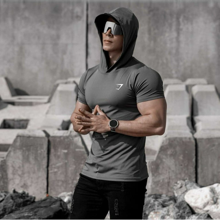 GYMSHARK Men's Short Sleeve Hoodie Dry Fit Workout Athletic Muscle - Main Image