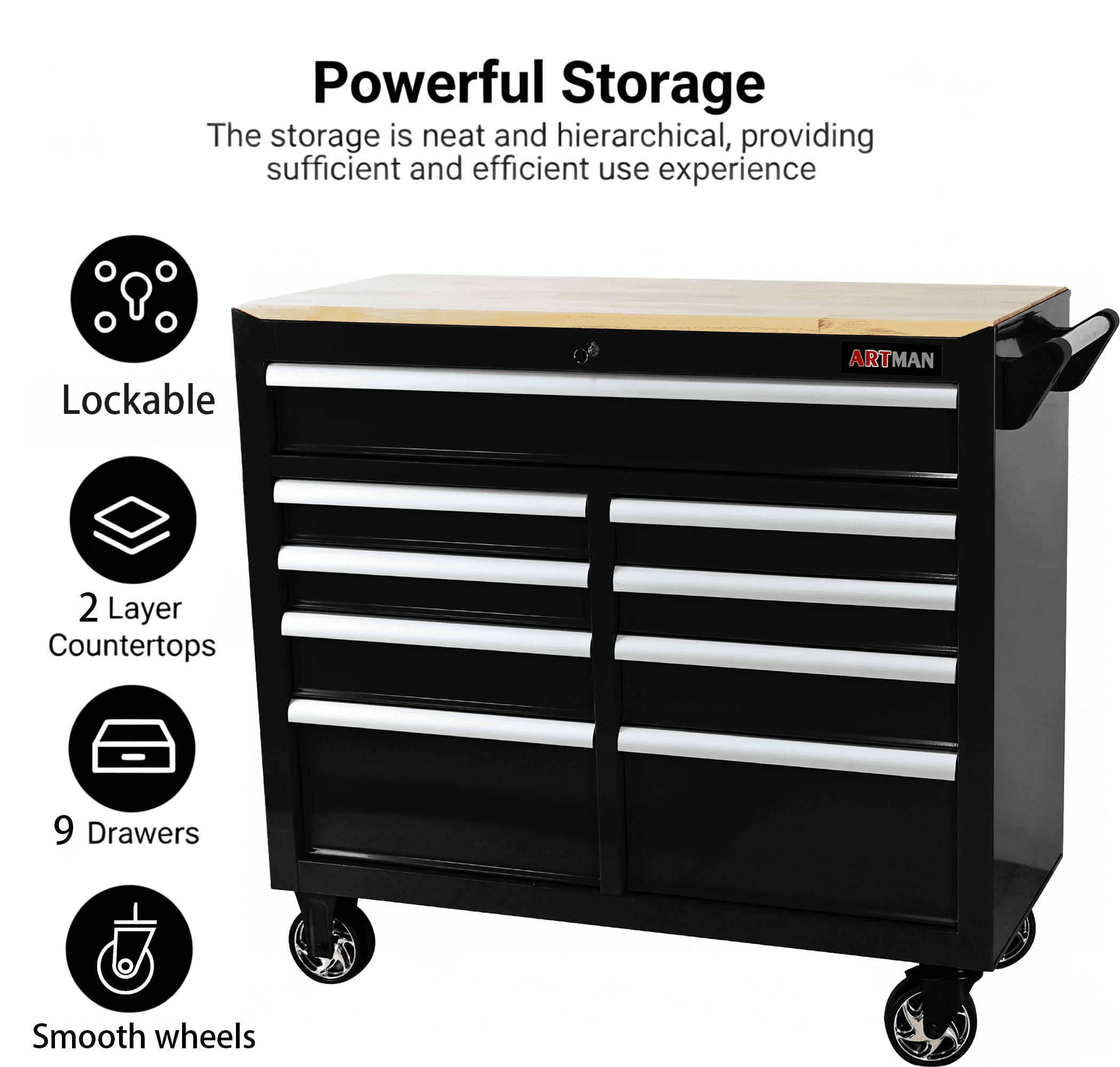 ARTMAN Heavy Duty Rolling 46 In  Tool Chest,9-Drawers, Mobile Tool Storage Cabinet/Work Bench with Wooden Top for Garage, Warehouse, Workshop, Repair Shop