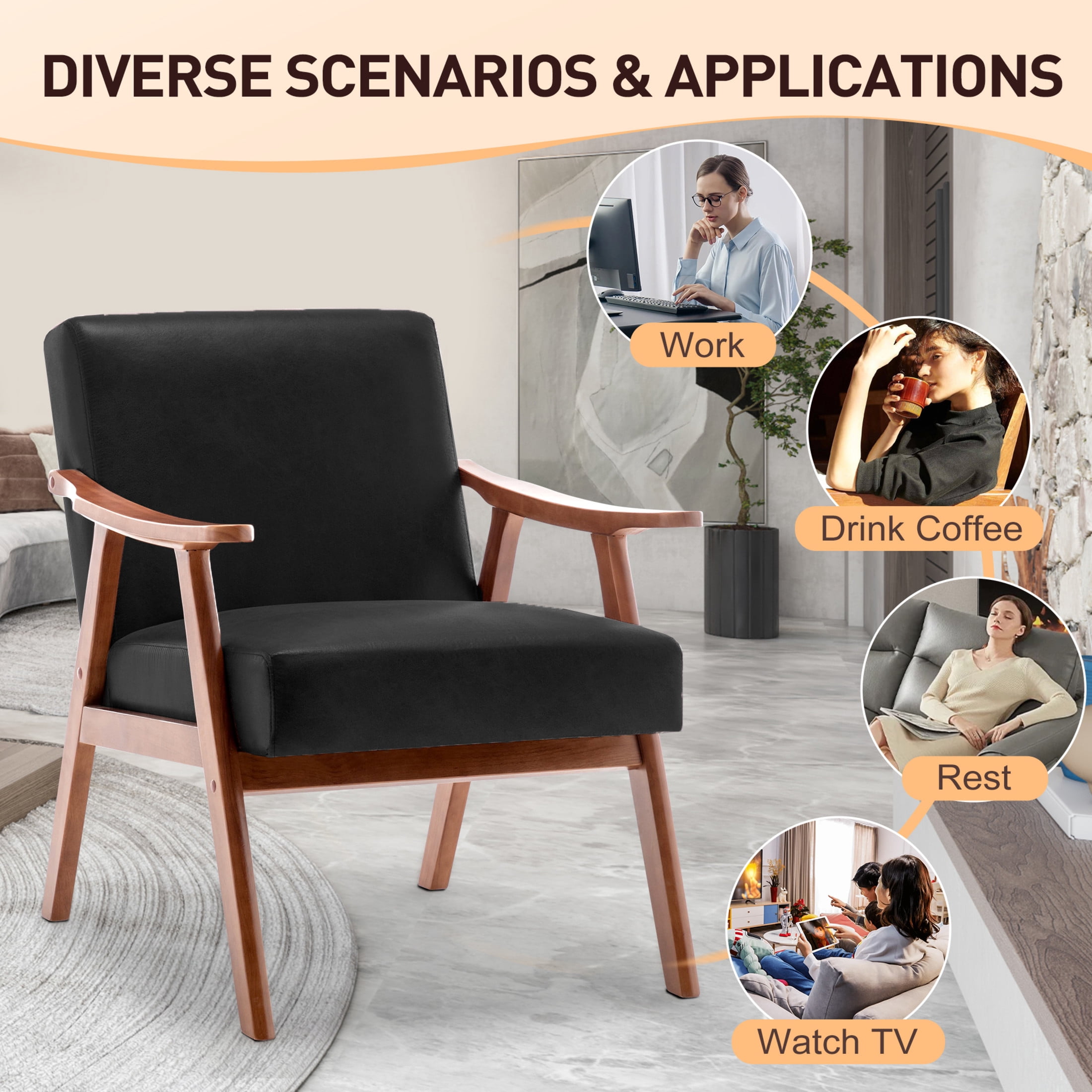 Noble House Jesse Modern Accent Chair, Solid Wood Thick Backrest PU Leather Upholstered Lounge Armchair, Brown