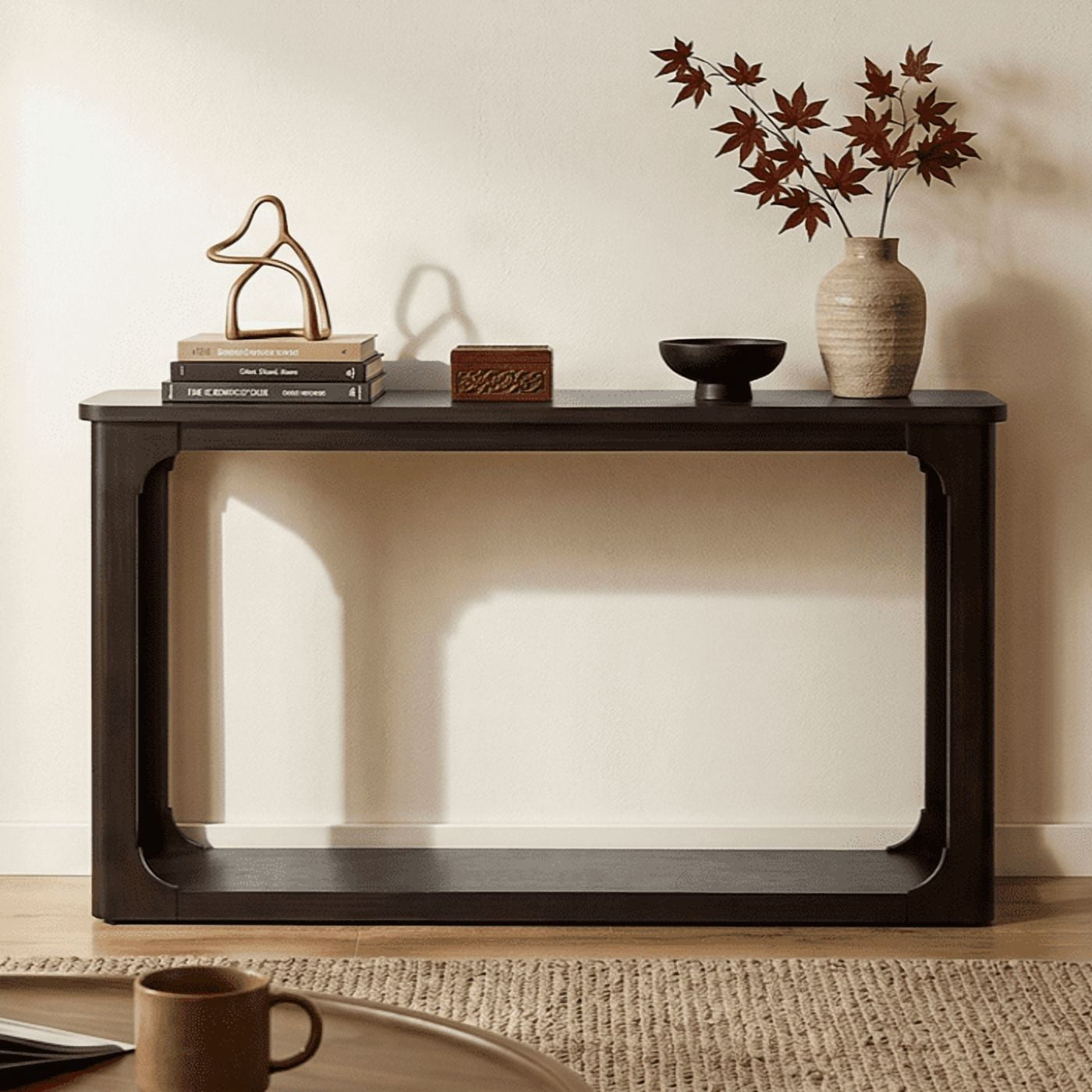 Euroco 55" Console Table, Solid Wood Entryway Sofa Table with Open Arch Cutouts & Bottom Shelf for Living Room Hallway,Espresso