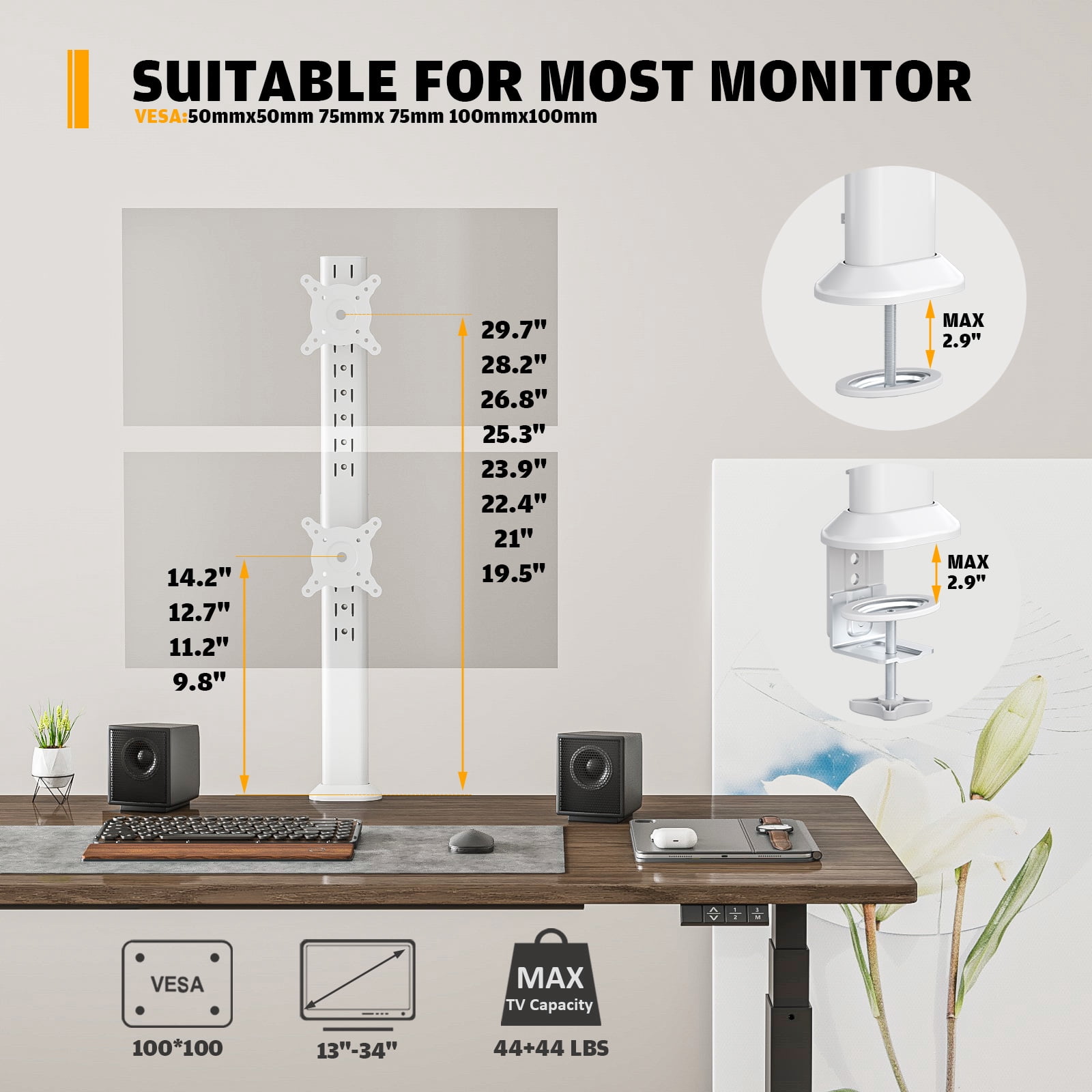 Hemudu Dual Monitor Articulating Desk Mount Arm Stand - Vertical Stack Screen Supports Two 13 to 34 Inch Computer Monitors with C Clamp White