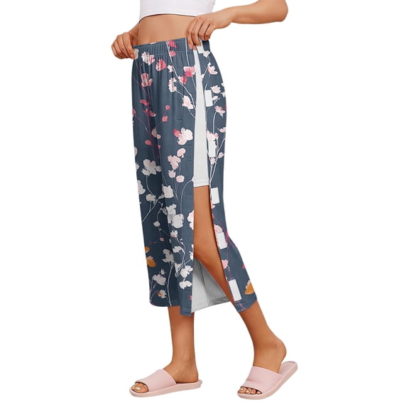 Iaqnaocc Tear Away Capri Pants for Women Breakaway Post Surgery Recovery Wide Leg Floral Print Replacement Adaptive Scrub Pants for Women Dark Blue XXL