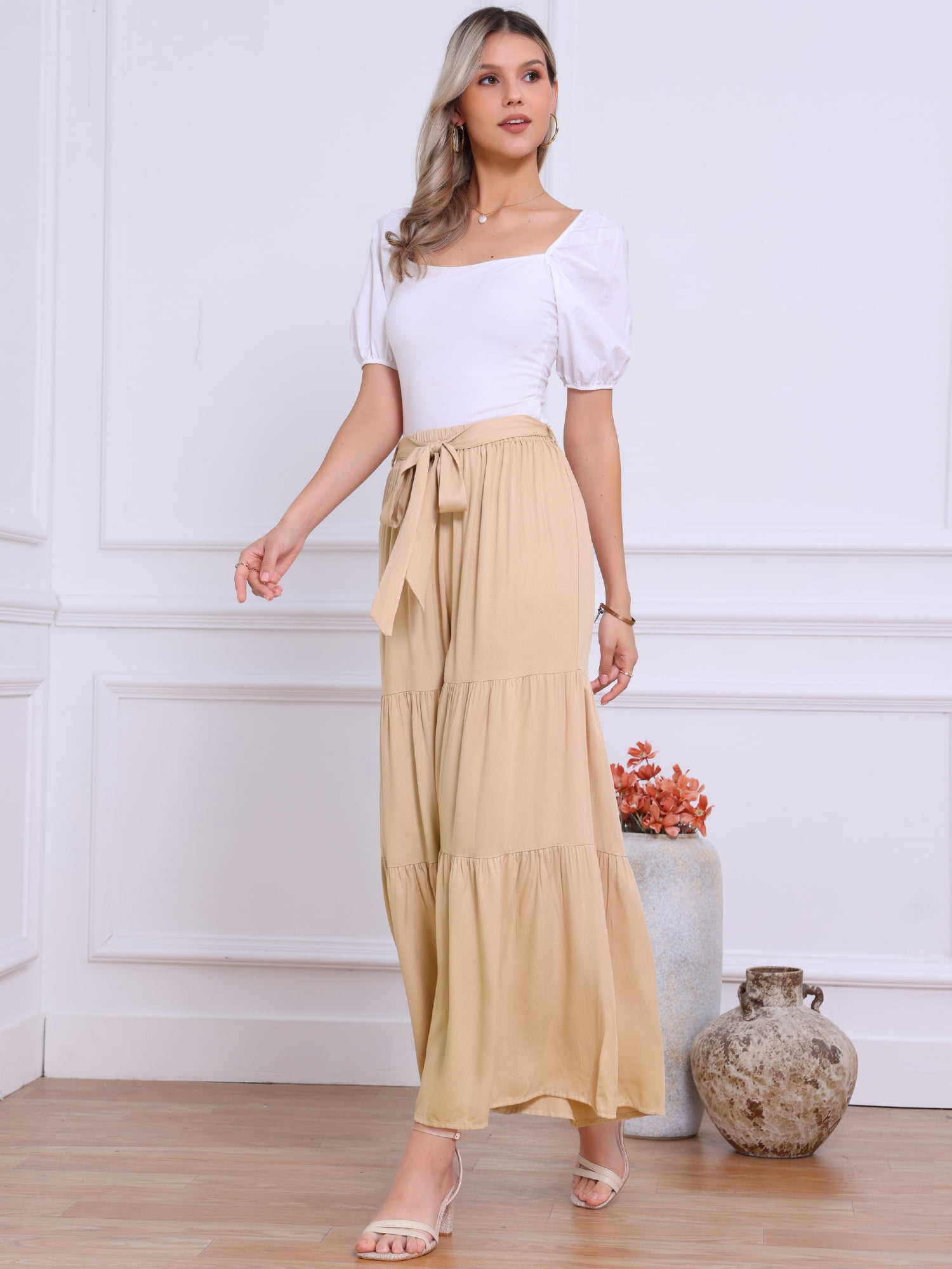 DARING DIVA Women's Boho Elastic High Tie Belt Ruffle Hem Palazzo Pants M Light Khaki