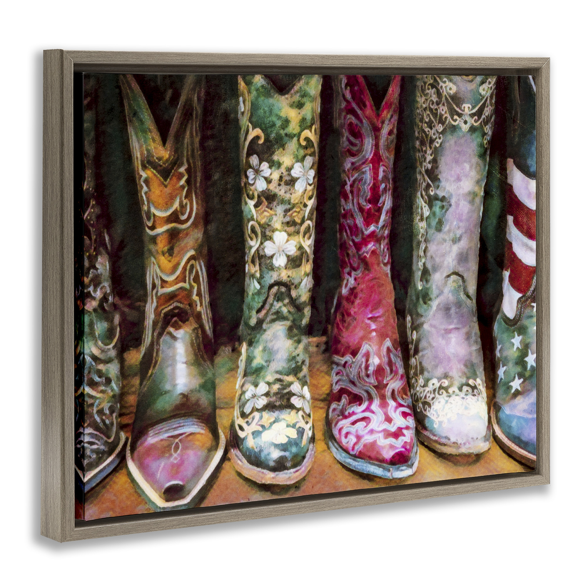 Stupell Industries Cowboy Boots Various Bold Designs Beauty & Fashion Painting Brown Floater Framed Canvas Art Print Wall Art, 21 x 17