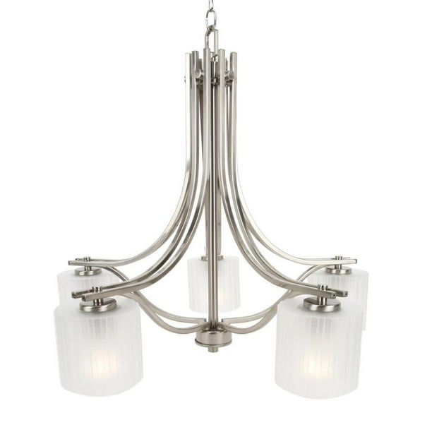 Hampton Bay Sheldon Collection 5 Light Brushed Nickel Hanging Chandelier New Open Box Com Light Brushed Nickel Hanging Chandelier, Hampton Bay 5 Light Brushed Nickel Chandelier With White Fabric Shades