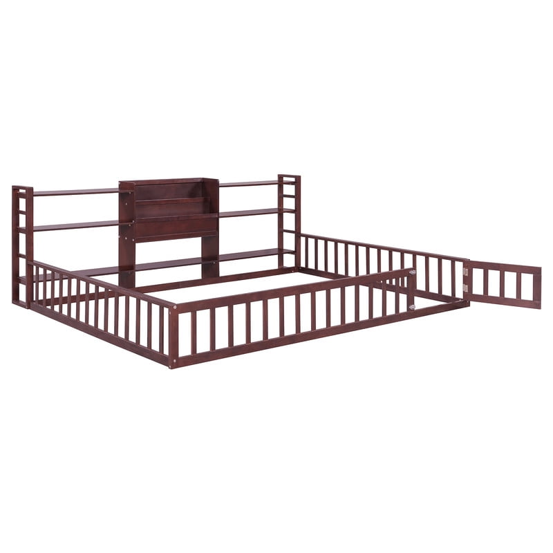 Queen Size Floor Bed Montessori Bed with Integrated Bookcase and 3-Tier Storage Shelves, Wooden Low Profile Toddler Bed Platform Bed with Safety Guardrails for Boys Girls
