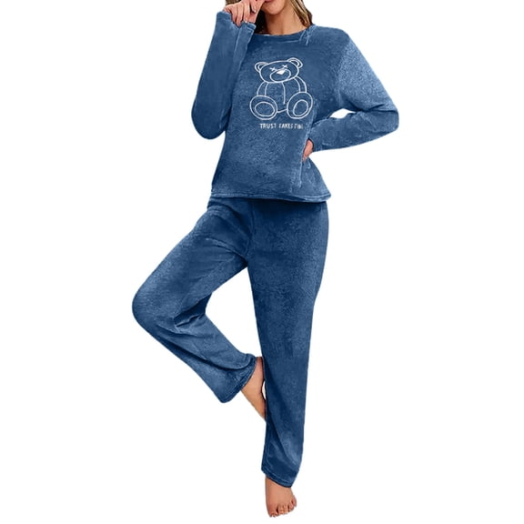 Sriper Flannel Pajama Sets for Women 2 Piece Pjs Long Sleeve Lounge Sleepwear Cute Bear Printed Crewneck Nightwear Tops Comfy Warm Wide Leg Pants Fall Winter Loungewear Homewear Fit Home Going Out