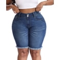 thumbnail image 5 of Gocolloa Women's Plus Size High Waisted Stretchy Jean Shorts 10" Inseam Raw Hem Denim Bermuda Shorts Royal Blue 16W, 5 of 6