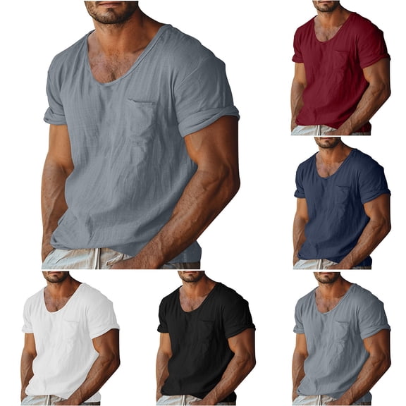 Migroa Mens Short Sleeve T-Shirts Big And Tall V Neck T Shirts Summer Beach Tops Loose Casual Basic Oversized Tops with Pocket Black L