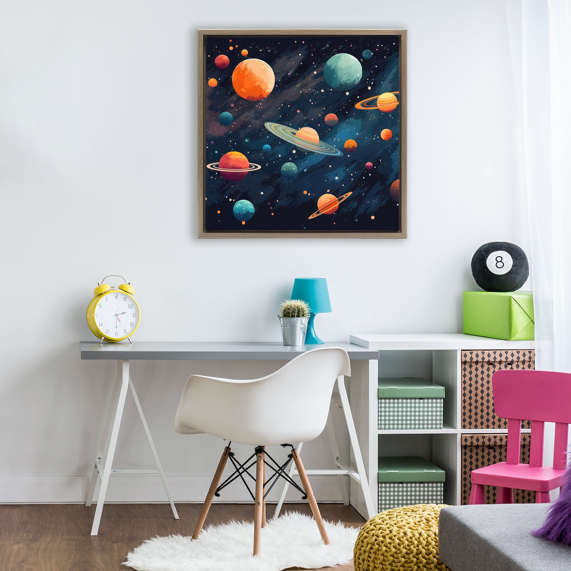 Stupell Industries Orange & Blue Planets in Orbit Brown Framed Floater Canvas Wall Art, design by Creative Studio