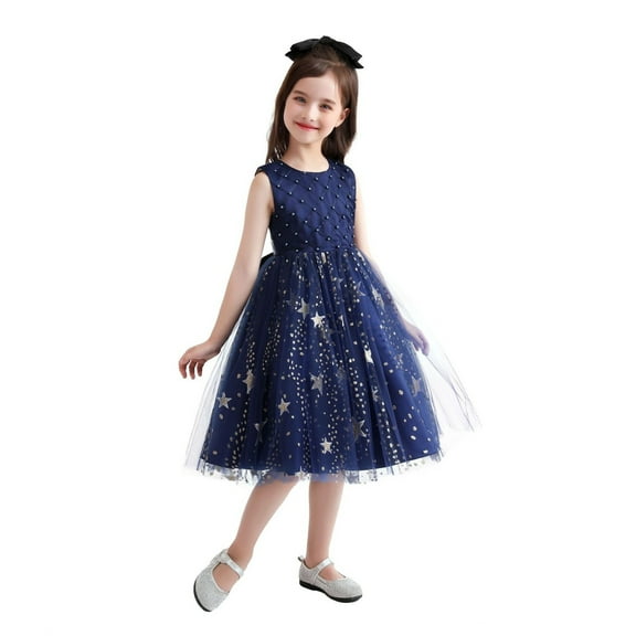 Huowey Toddler Kids Girls Princess Dress Sparkly Sequins Star Prints Sleeveless Crewneck Party Hoilday Wedding Gown High Waist Mesh Tutu Dresses Formal Birthday Casual Stylish Clothes,Blue,3-4 Years