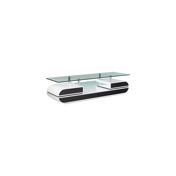 Sophisticated Simplicity 63" TV Console Black White Contrast Glass Top 2 Drawers Chrome Posts High Gloss Modern Media Entertainment