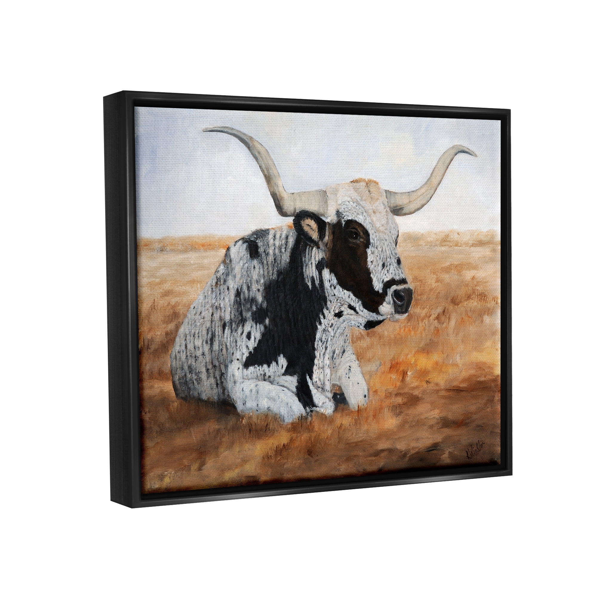Stupell Longhorn Cattle Prairie Portrait Animals & Insects Painting Black Floater Framed Art Print Wall Art